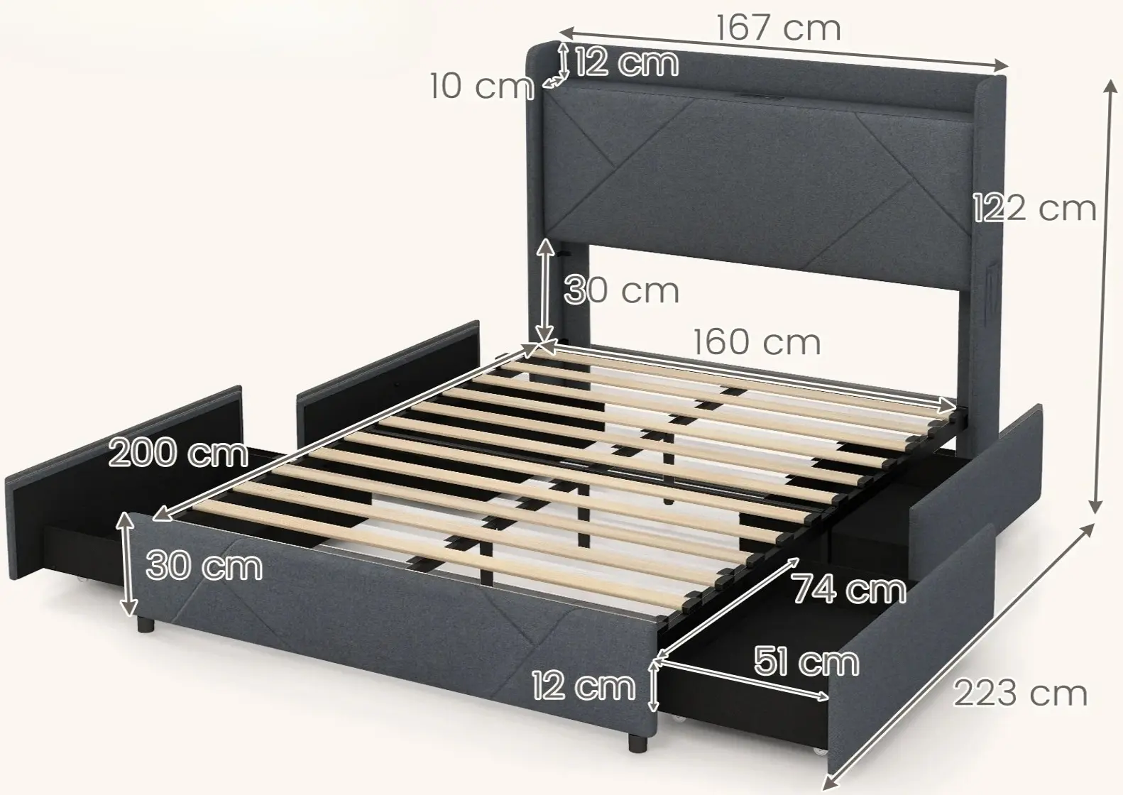 Кровать Costway HU10597GR-Q LED/USB 160x200 (Grey) - 3