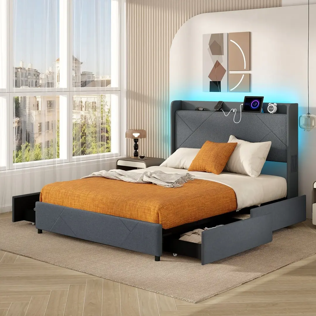 Кровать Costway HU10597GR-Q LED/USB 160x200 (Grey)