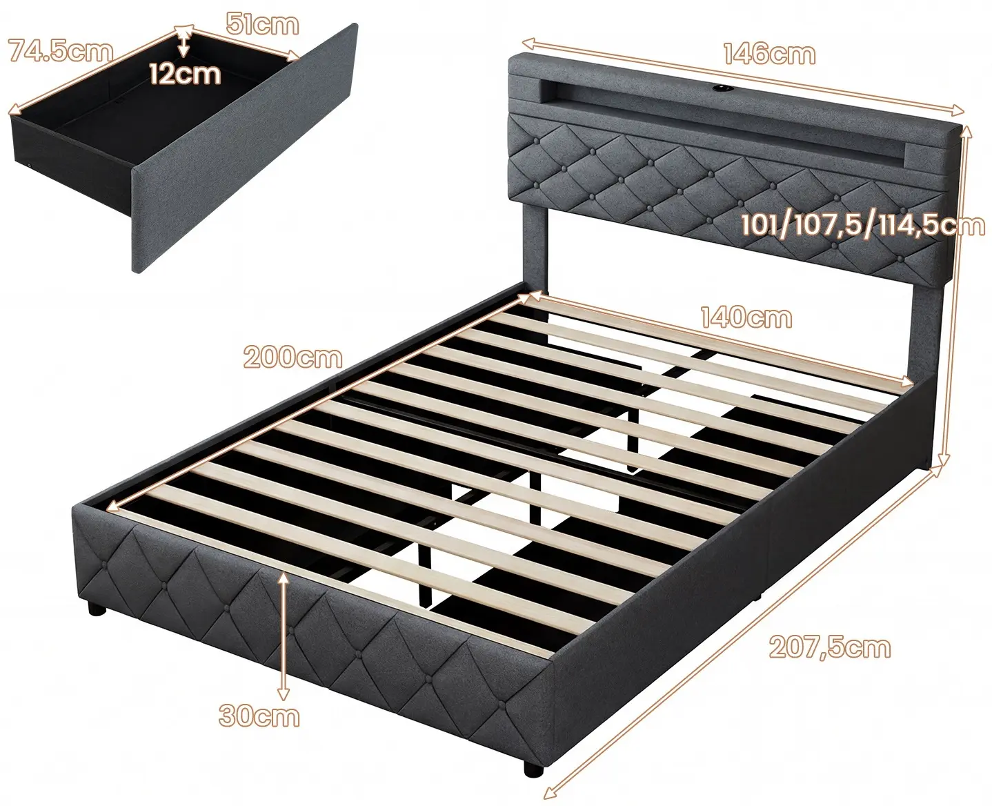 Кровать Costway HU10598GR-D+ LED/USB 140x200 (Grey) - 3