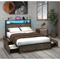 Кровать Costway HU10681DE-D LED/USB 140x200 (Rustic Brown/Black) Thumb