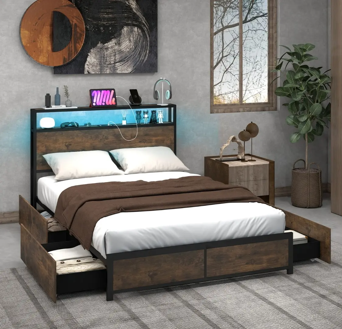 Кровать Costway HU10681DE-D LED/USB 140x200 (Rustic Brown/Black) - 9