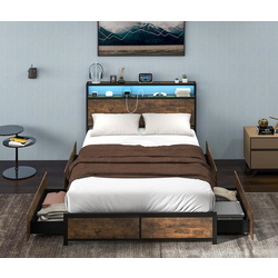 Кровать Costway HU10681DE-D LED/USB 140x200 (Rustic Brown/Black) Thumb