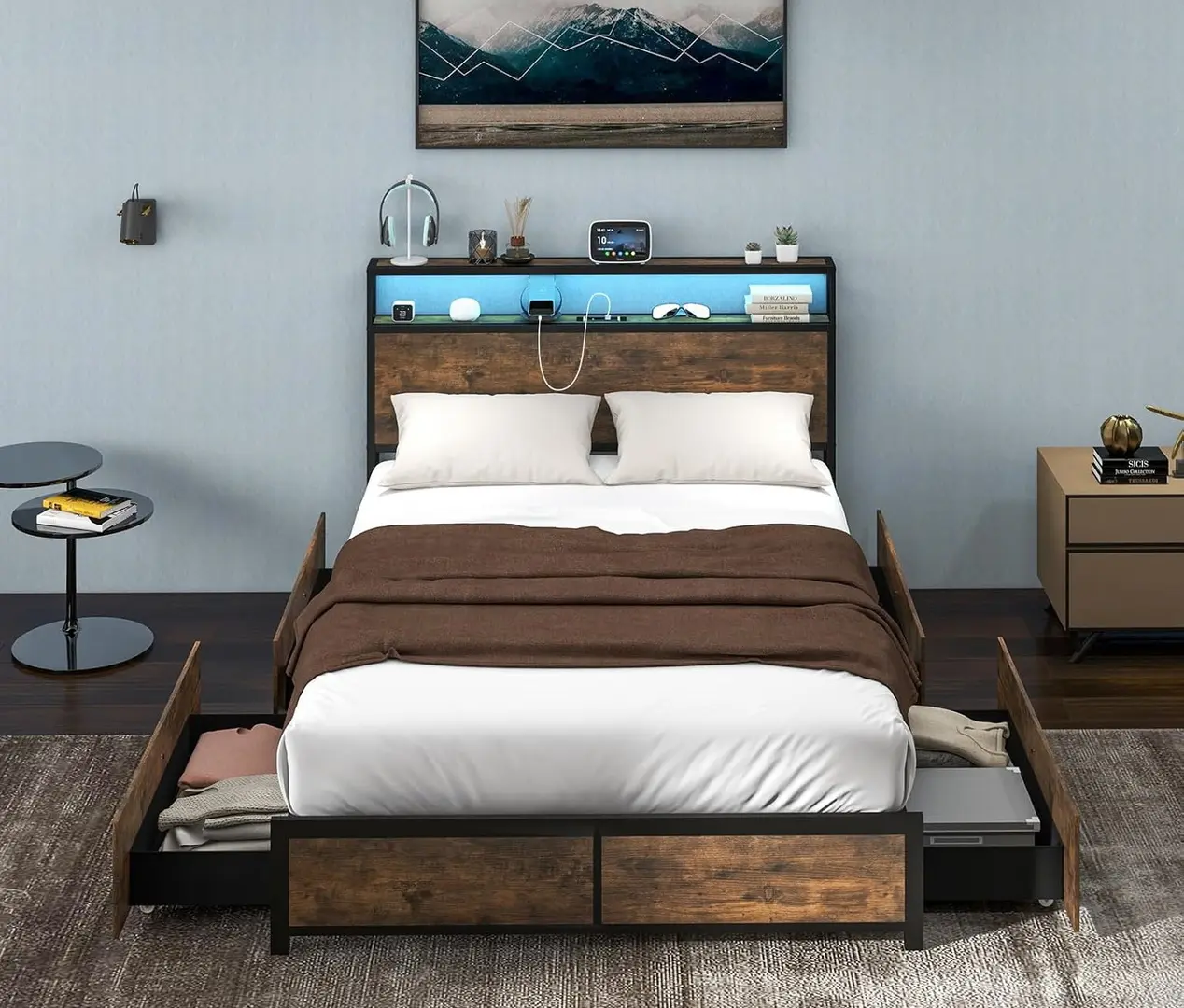 Кровать Costway HU10681DE-D LED/USB 140x200 (Rustic Brown/Black) - 8