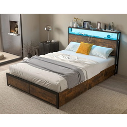 Кровать Costway HU10681DE-D LED/USB 140x200 (Rustic Brown/Black)
