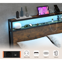 Кровать Costway HU10681DE-D LED/USB 140x200 (Rustic Brown/Black) Thumb