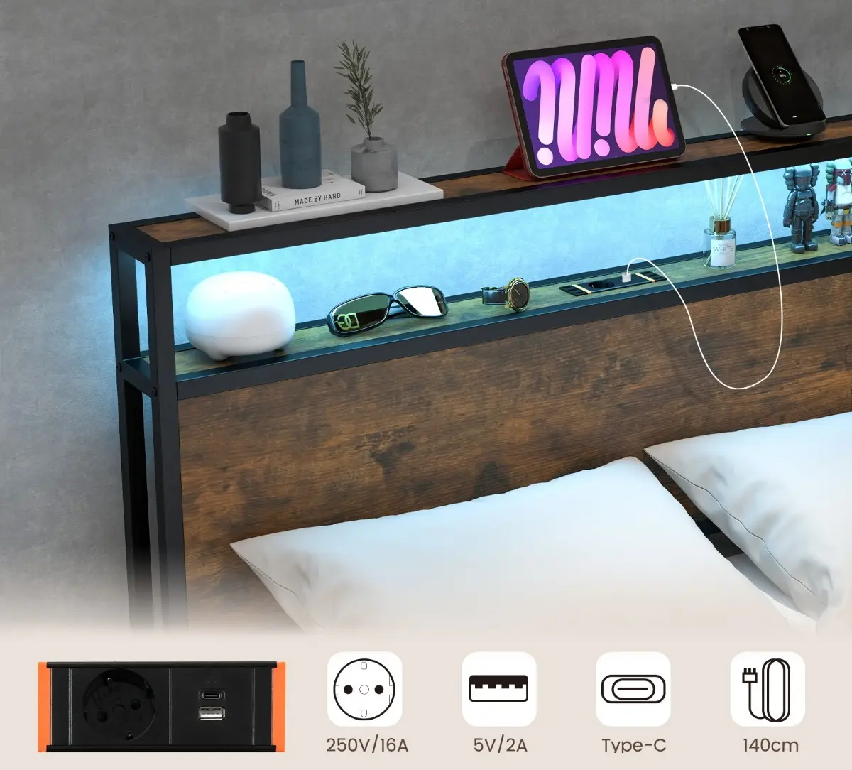 Кровать Costway HU10681DE-D LED/USB 140x200 (Rustic Brown/Black) - 7