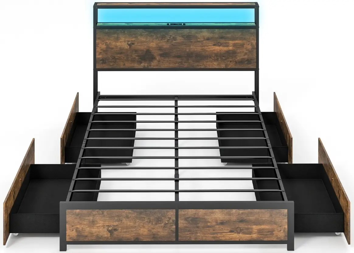 Кровать Costway HU10681DE-D LED/USB 140x200 (Rustic Brown/Black) - 4