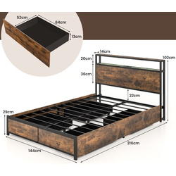 Кровать Costway HU10681DE-D LED/USB 140x200 (Rustic Brown/Black) Thumb