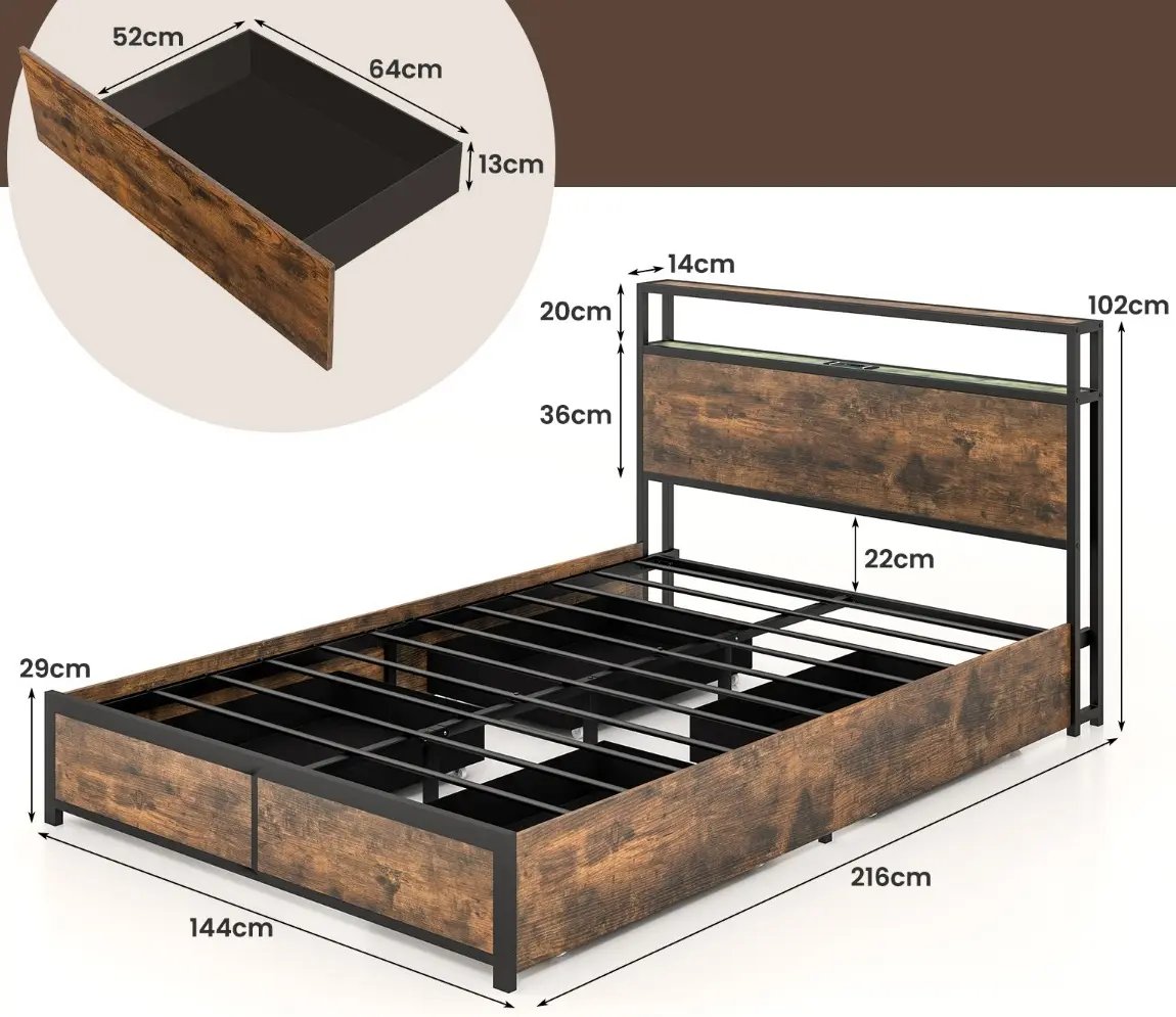 Кровать Costway HU10681DE-D LED/USB 140x200 (Rustic Brown/Black) - 2