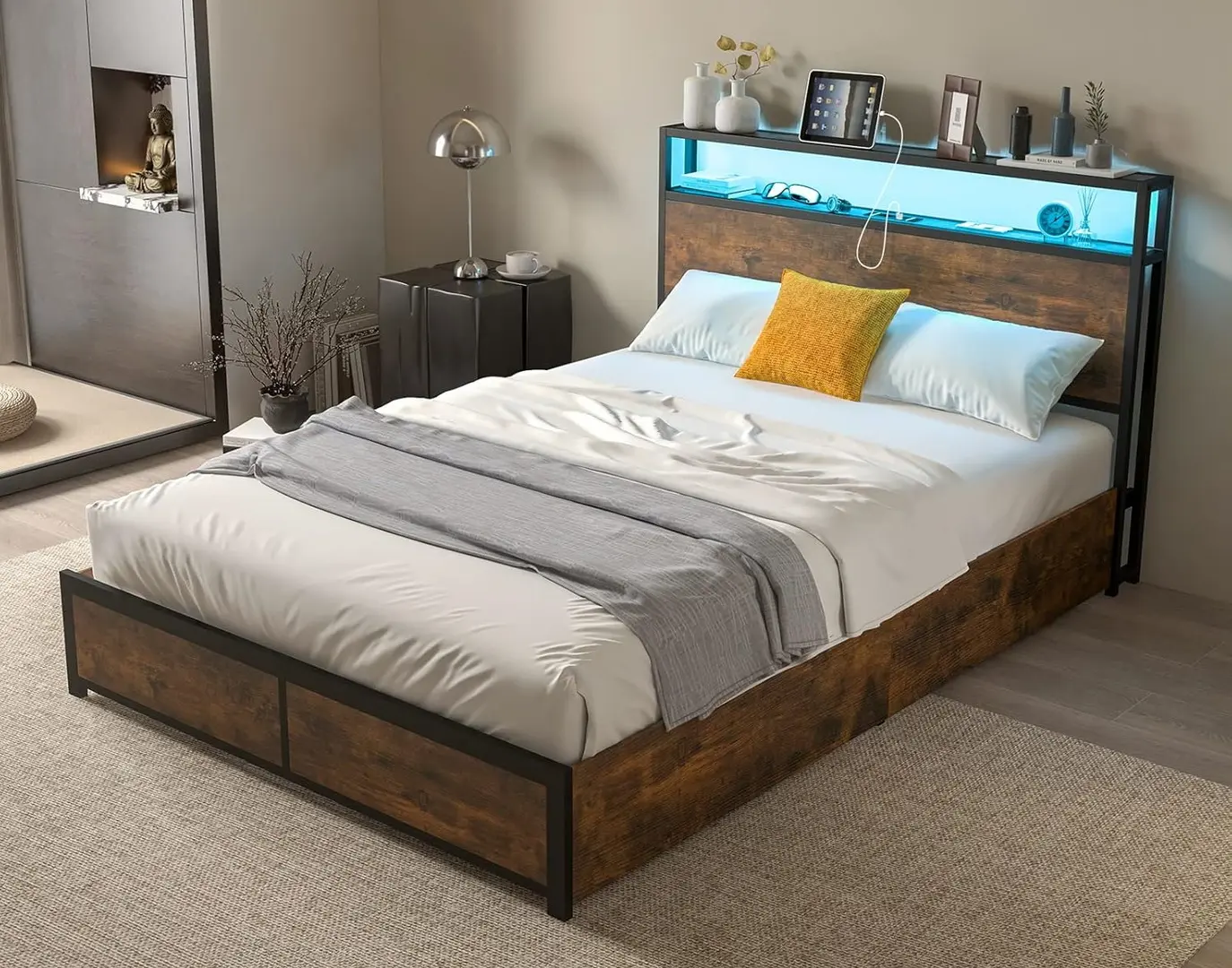 Кровать Costway HU10681DE-D LED/USB 140x200 (Rustic Brown/Black)