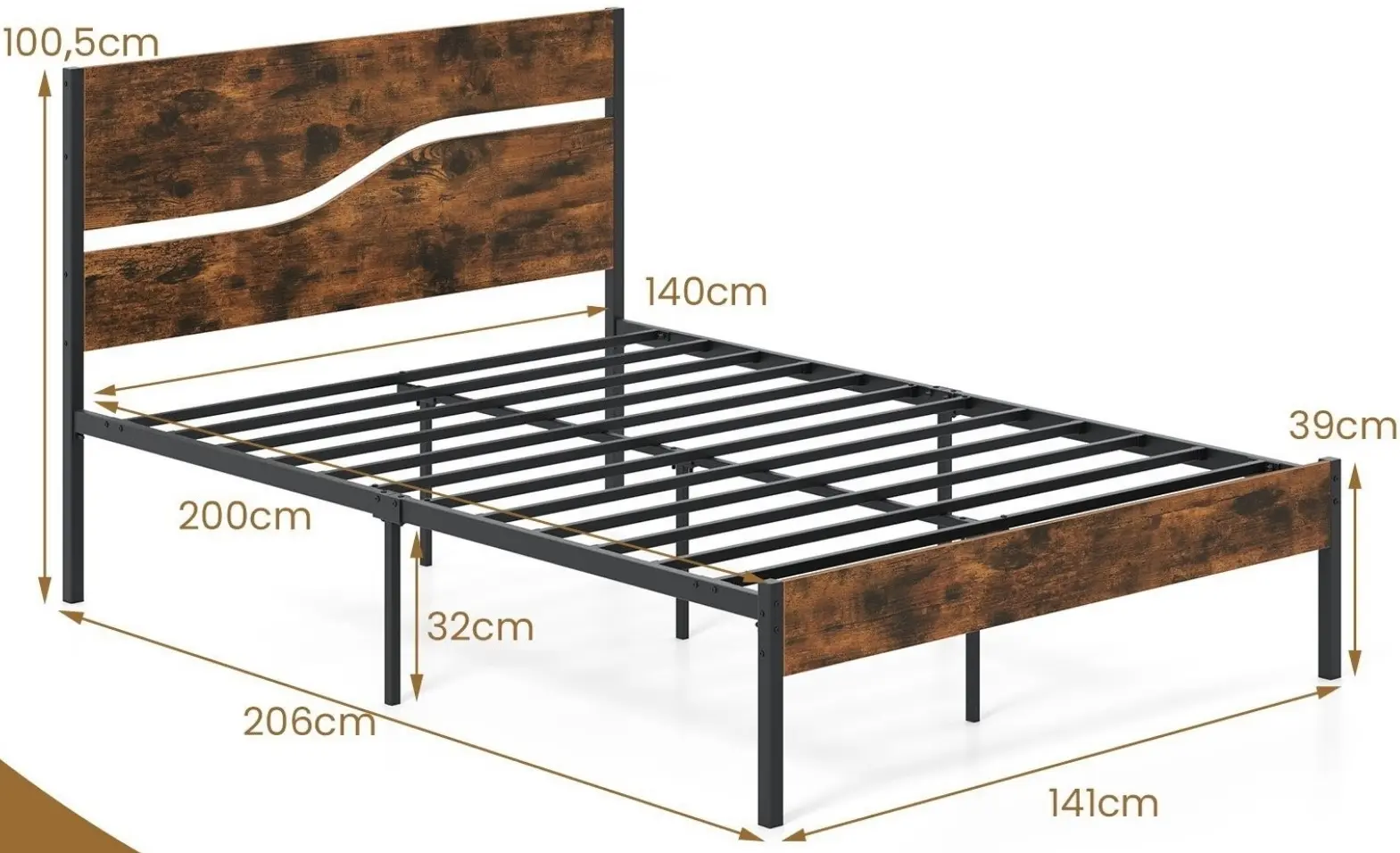 Кровать Costway HU10790CF-D 140x200 (Rustic Brown/Black) - 3