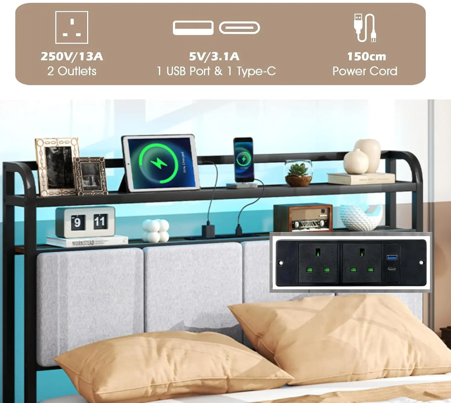 Кровать Costway HU10861DE-D (Brown/Black/Gray)