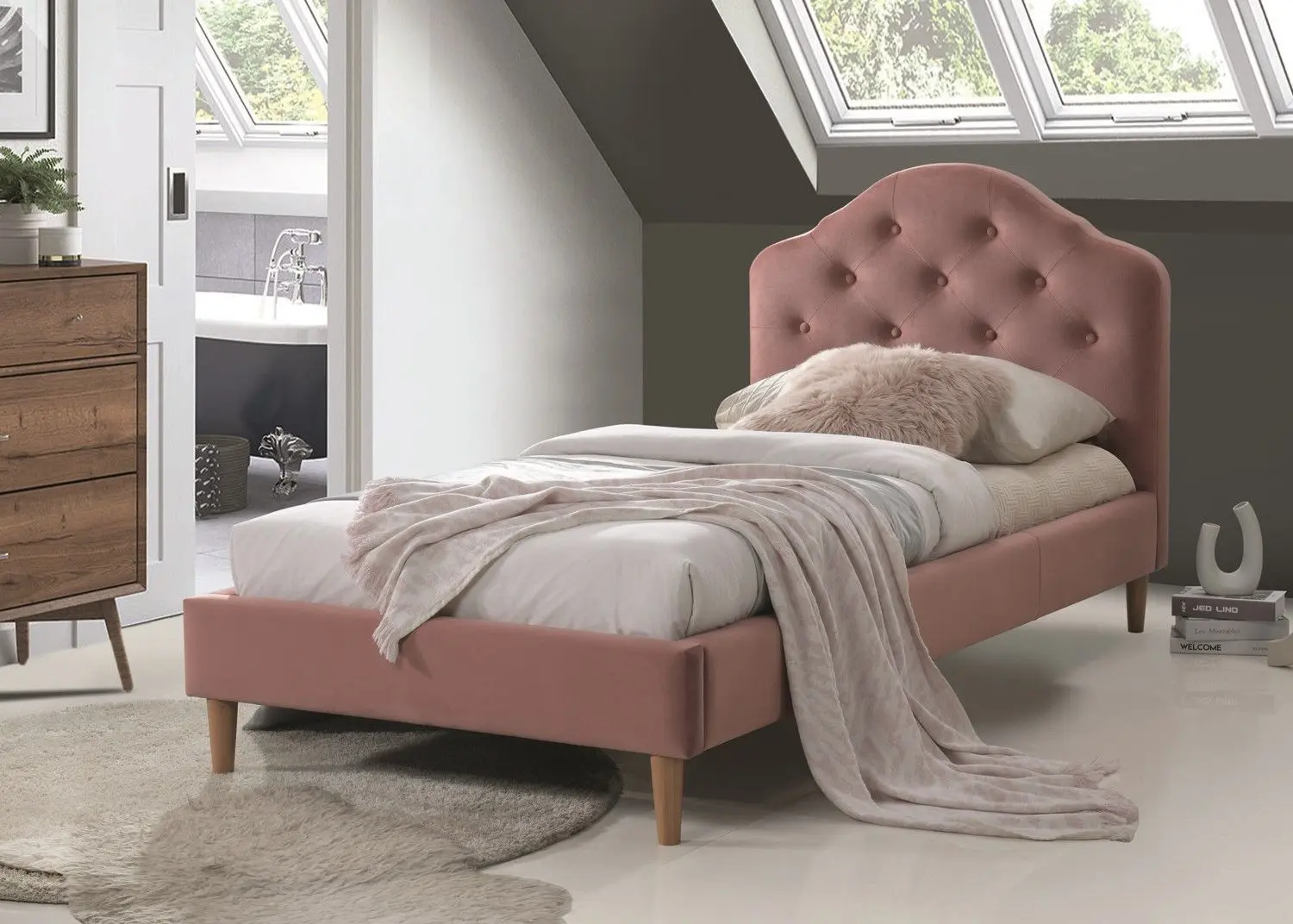 Кровать Signal Chloe Velvet 90x200 (Antique Rose/Oak)