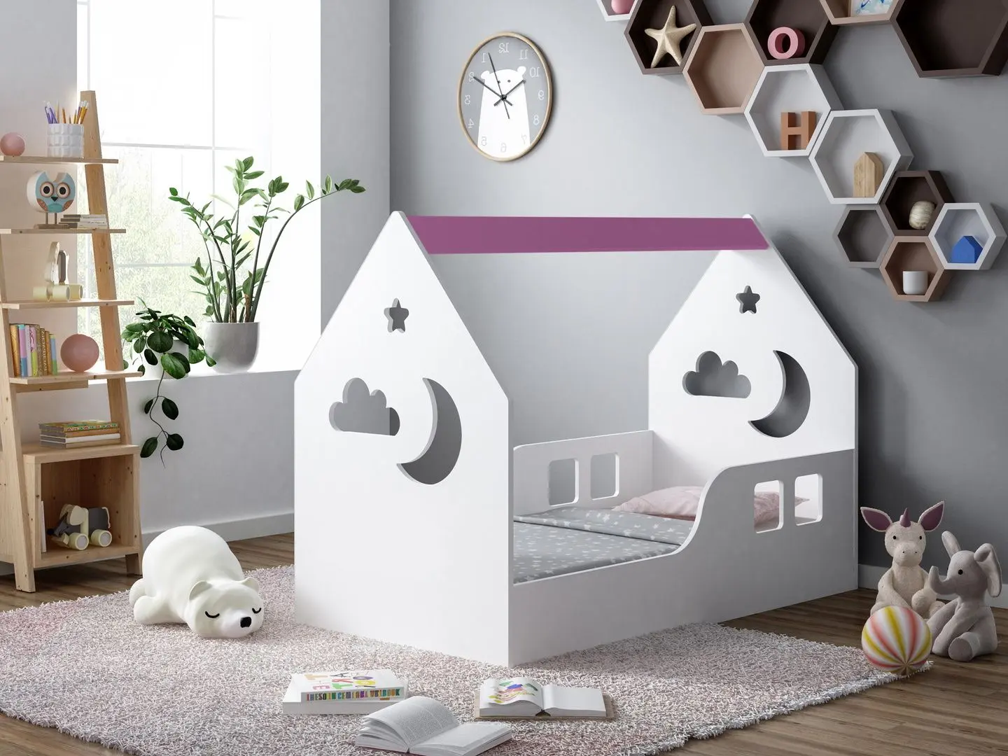 Pat-casuta Happy Babies House Cloud L01 70x140 (White/Pink)