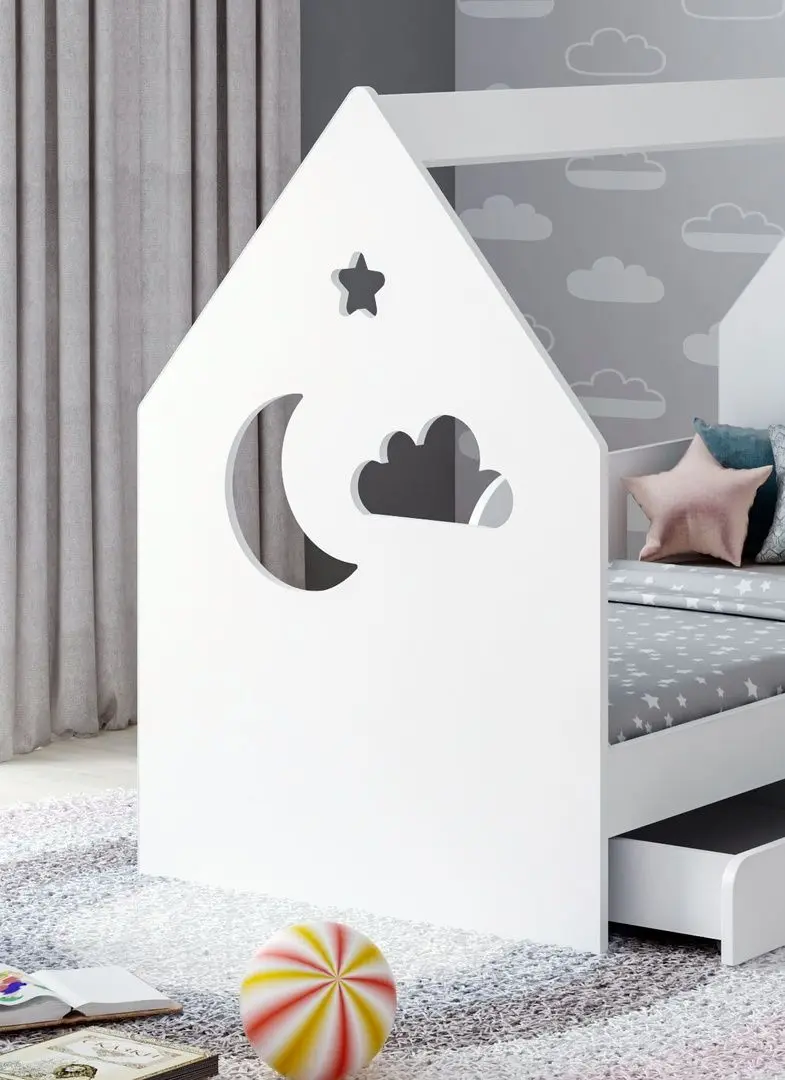Pat casuta Happy Babies House Cloud L02  cu sertar 70x140 (White)