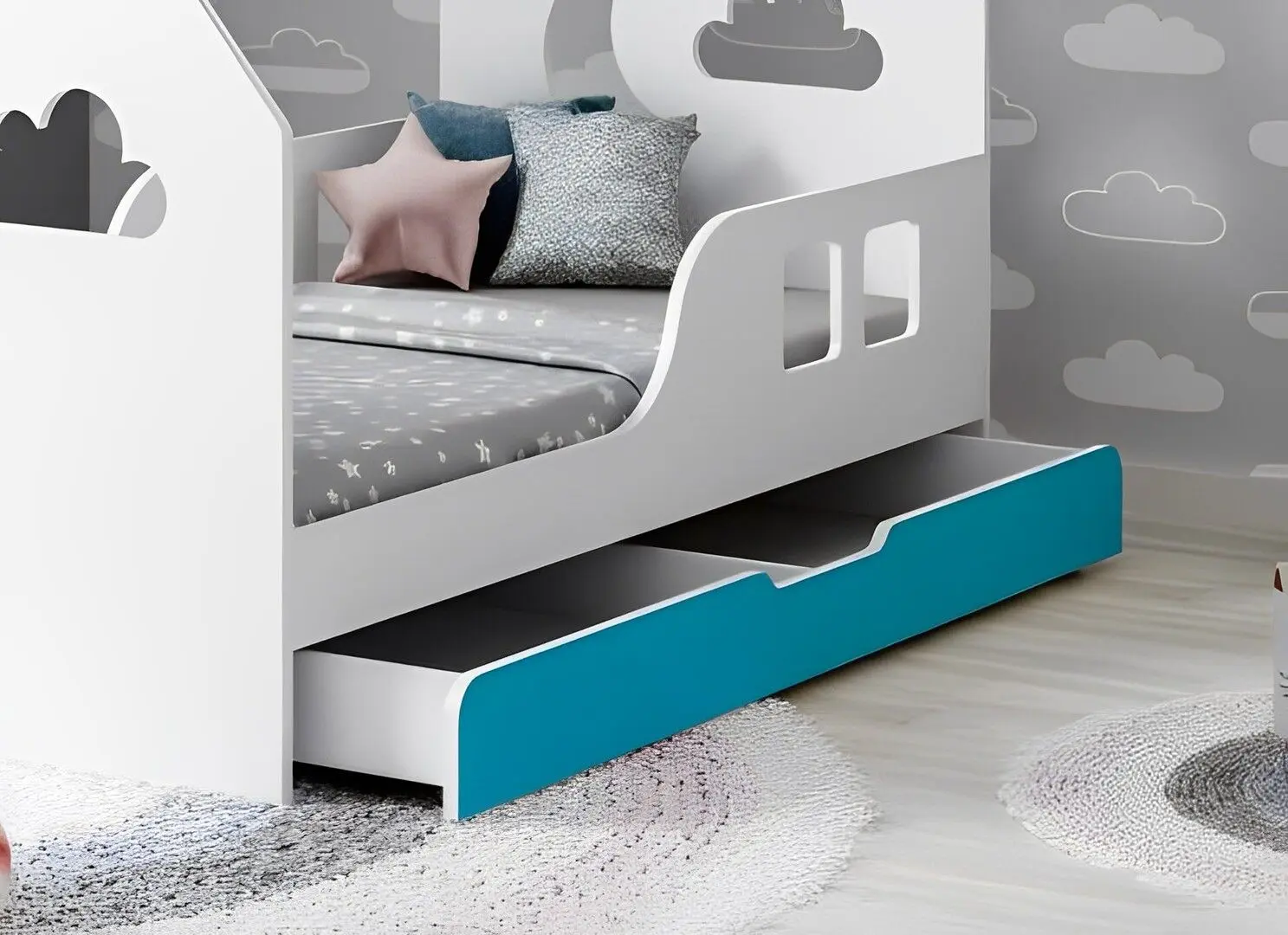 Pat casuta Happy Babies House Cloud L02 cu sertar 70x140 (White/Blue)