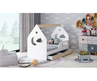 Pat casuta Happy Babies House Cloud L02 cu sertar 70x140 (White/Light Pear)