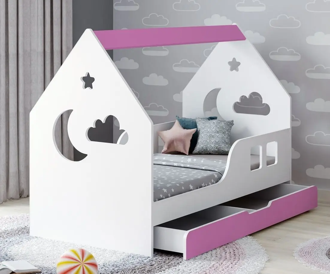 Pat casuta Happy Babies House Cloud L02 cu sertar 70x140 (White/Pink)