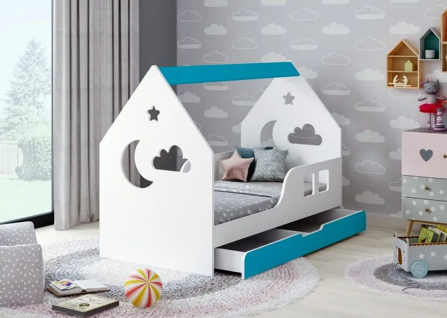 Pat casuta Happy Babies House Cloud L04 cu sertar 80x160 (White/Blue)