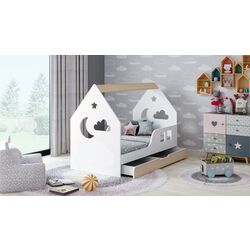 Pat casuta Happy Babies House Cloud L04 cu sertar 80x160 (White/Light Pear)