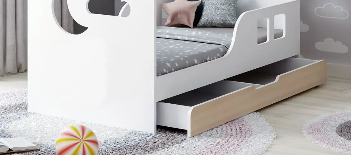 Pat casuta Happy Babies House Cloud L04 cu sertar 80x160 (White/Light Pear)