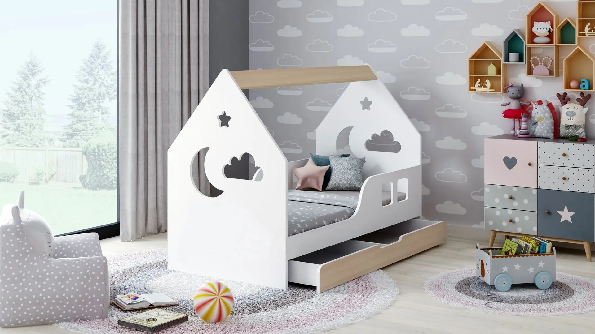 Pat casuta Happy Babies House Cloud L04 cu sertar 80x160 (White/Light Pear)