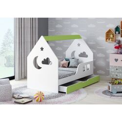 Pat casuta Happy Babies House Cloud L04 cu sertar 80x160 (White/Pastel Green)