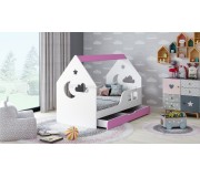 Pat casuta Happy Babies House Cloud L04 cu sertar 80x160 (White/Pink)