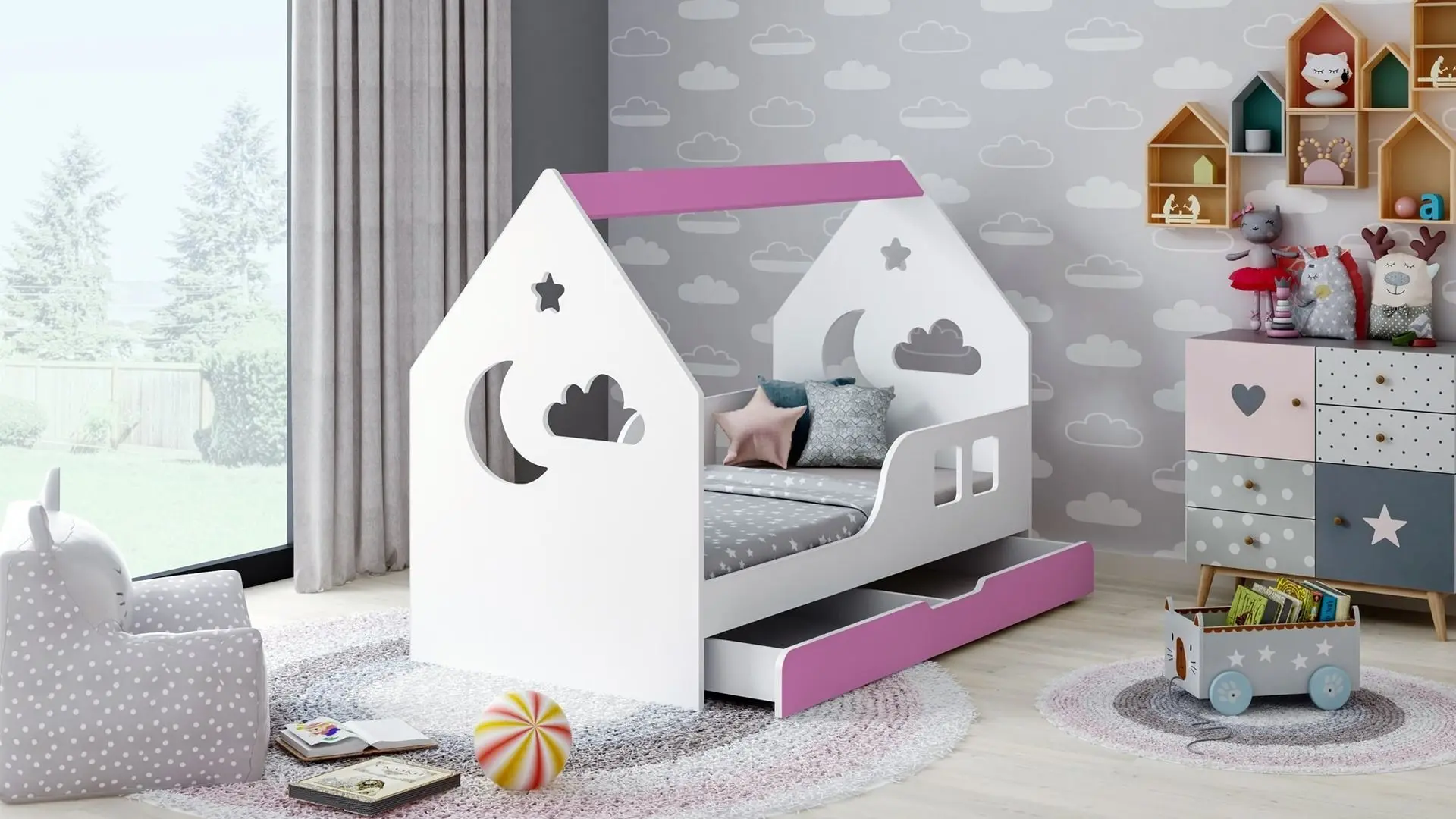 Кровать-домик Happy Babies House Cloud L04 с ящиком 80x160 (White/Pink)