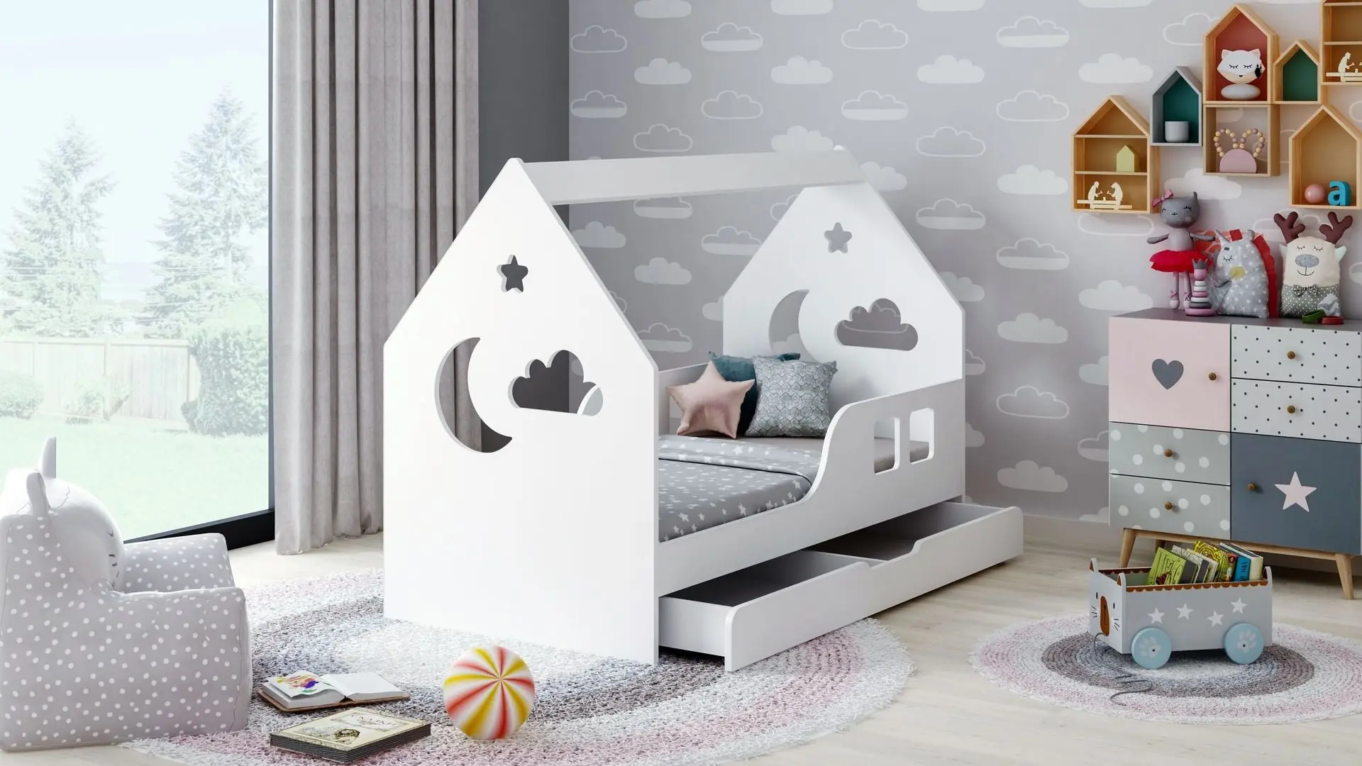 Pat casuta Happy Babies House Cloud L04 cu sertar 80x160 (White)