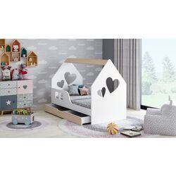 Pat casuta Happy Babies House Heart L02 cu sertar 70x140 (White/Light Pear)