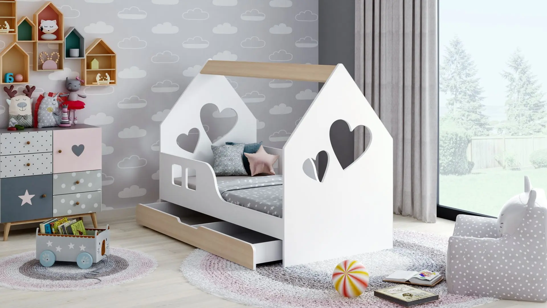 Pat casuta Happy Babies House Heart L02 cu sertar 70x140 (White/Light Pear)