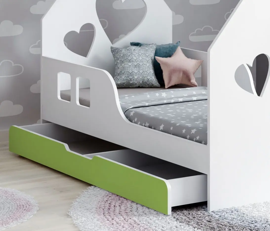 Pat casuta Happy Babies House Heart L02  cu sertar 70x140 (White/Pastel Green) - 4