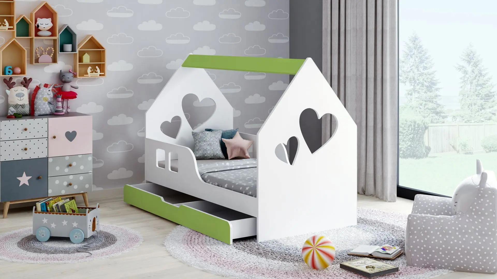 Pat casuta Happy Babies House Heart L02  cu sertar 70x140 (White/Pastel Green)