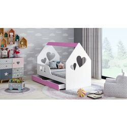 Pat casuta Happy Babies House Heart L02 cu sertar 70x140 (White/Pink)