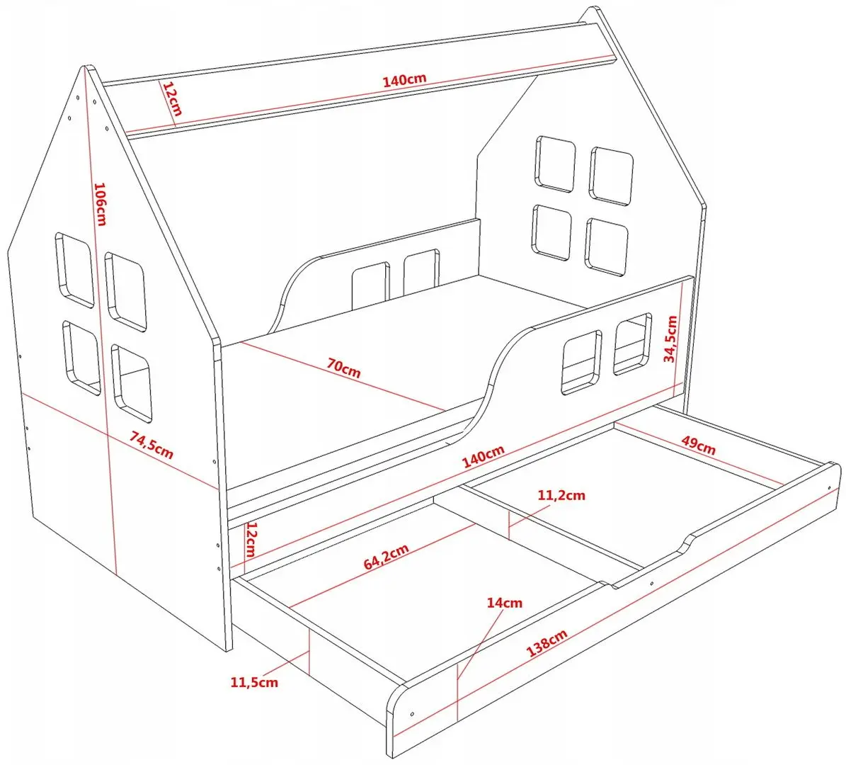 Pat casuta Happy Babies House Heart L02 cu sertar 70x140 (White/Pink) - 4