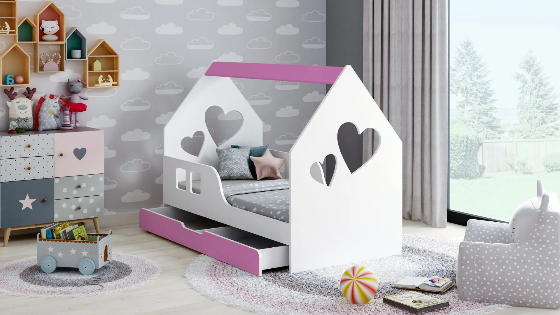 Pat casuta Happy Babies House Heart L02 cu sertar 70x140 (White/Pink)