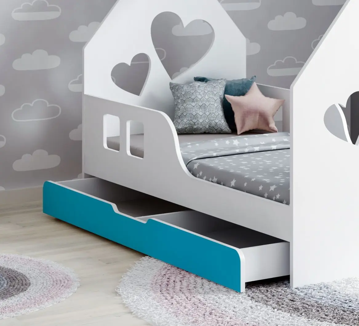 Pat casuta Happy Babies House Heart L04 cu sertar 80x160 (White/Blue)