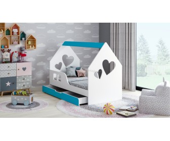 Pat casuta Happy Babies House Heart L04 cu sertar 80x160 (White/Blue)