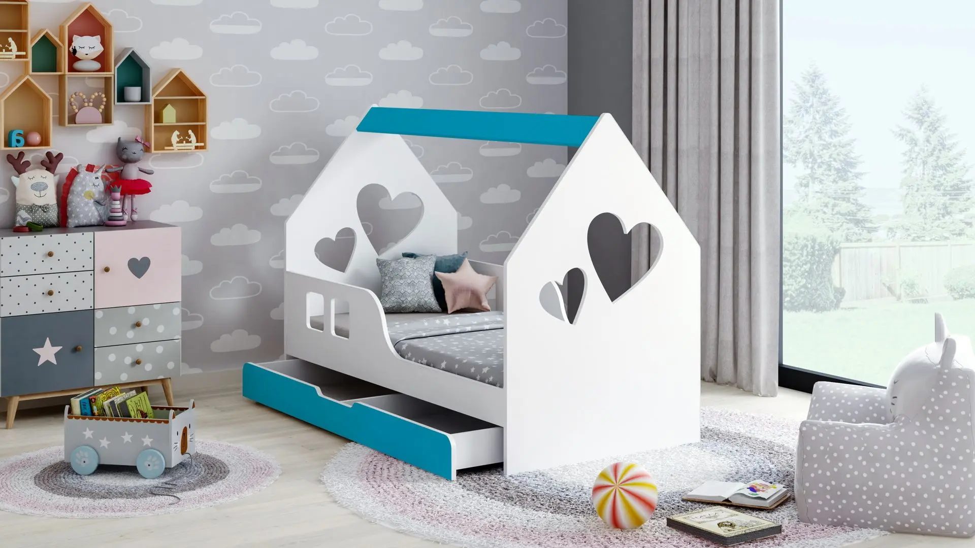 Pat casuta Happy Babies House Heart L04 cu sertar 80x160 (White/Blue)