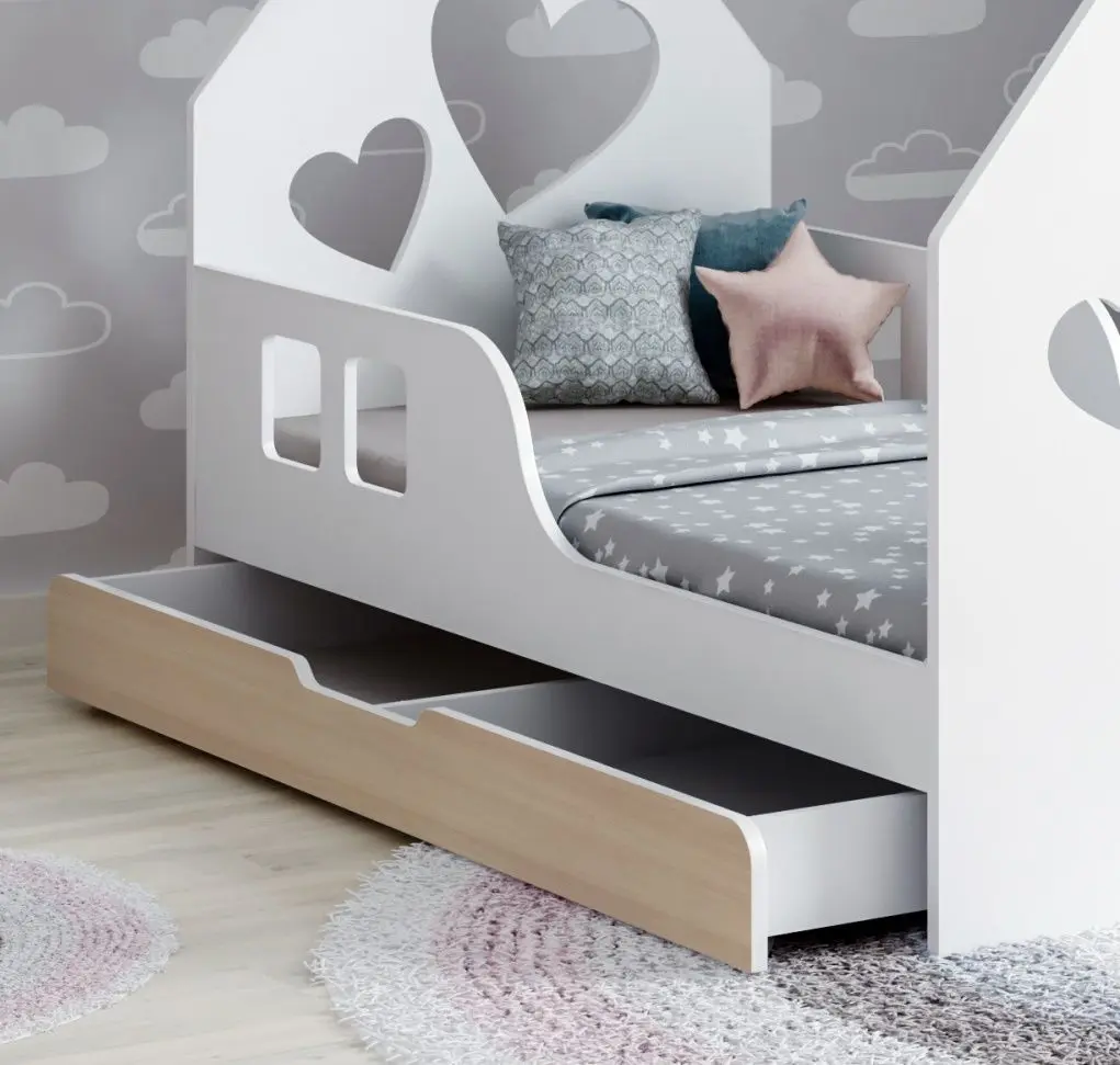 Pat casuta Happy Babies House Heart L04 cu sertar 80x160 (White/Light Pear)