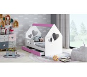 Pat casuta Happy Babies House Heart L04 cu sertar 80x160 (White/Pink)