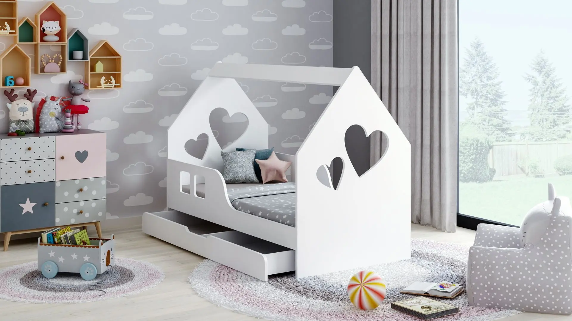 Pat casuta Happy Babies House Heart L04 cu sertar 80x160 (White)