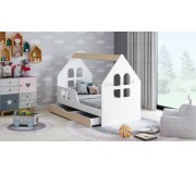 Pat casuta Happy Babies House Windows L02 cu sertar 70x140 (White/Light Pear)