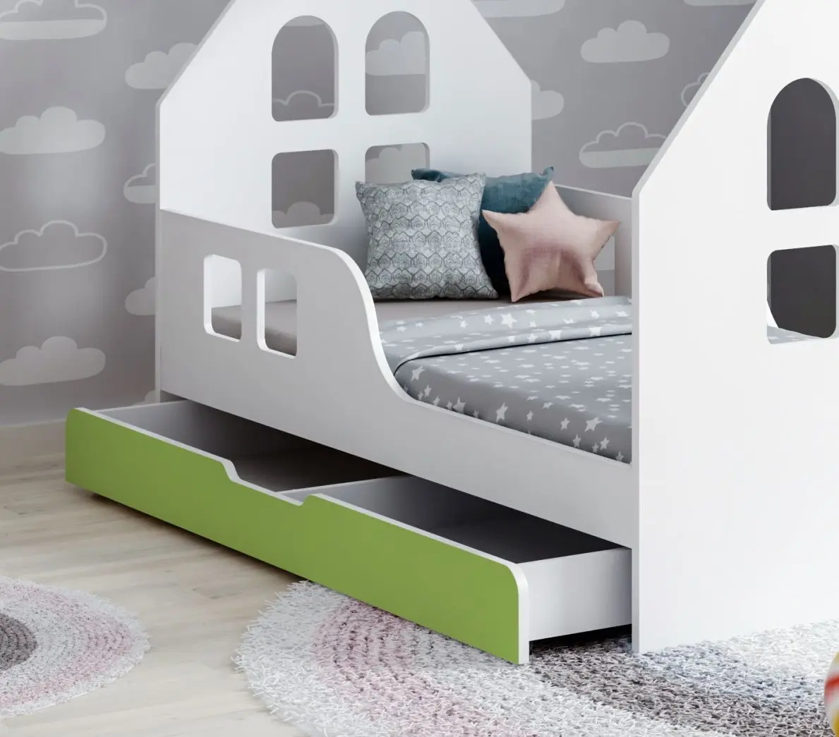 Pat casuta Happy Babies House Windows L02 cu sertar 70x140 (White/Pastel Green)