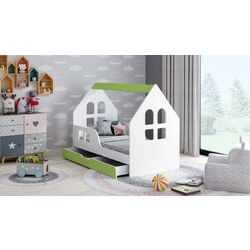 Pat casuta Happy Babies House Windows L02 cu sertar 70x140 (White/Pastel Green)