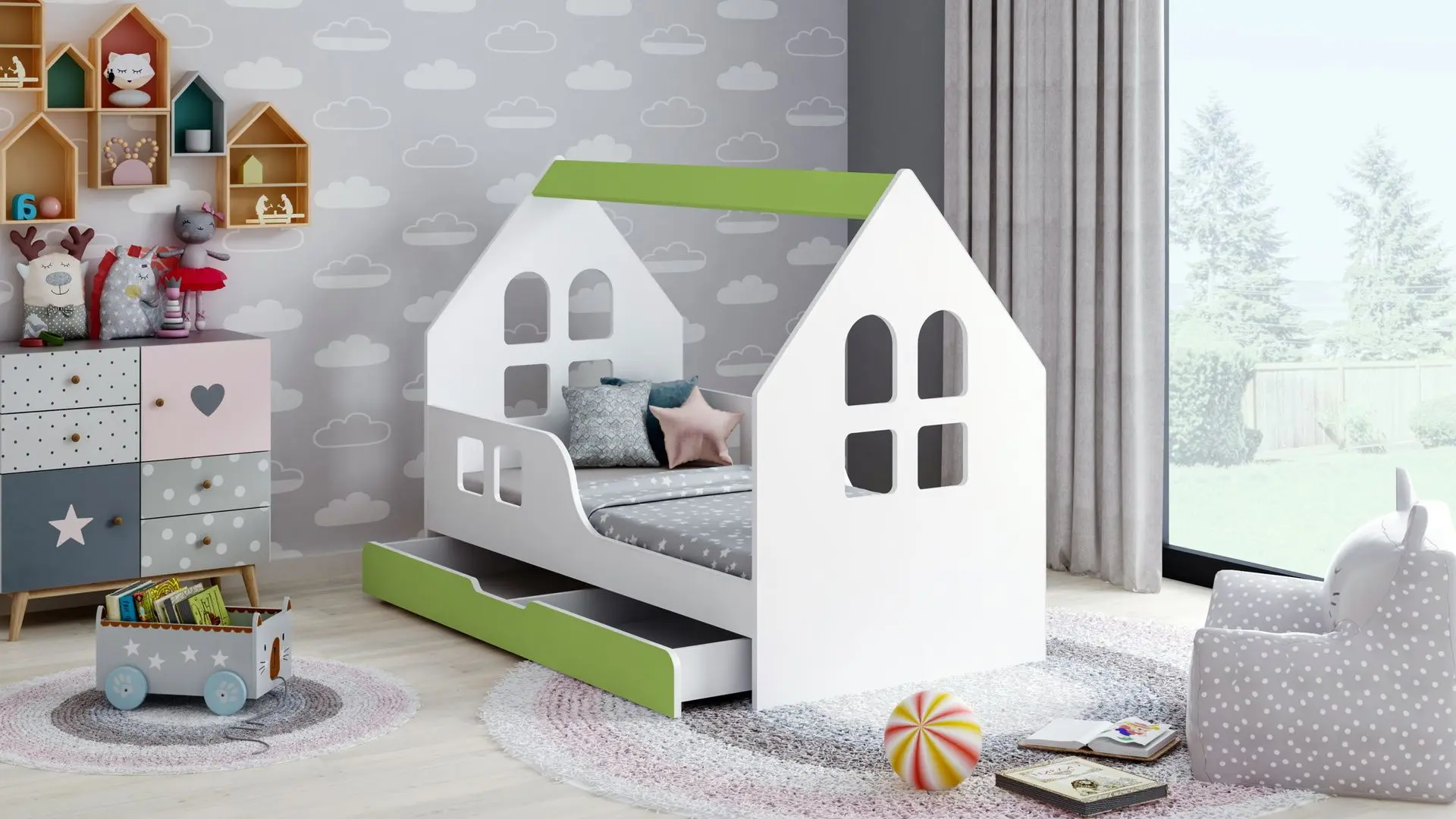 Pat casuta Happy Babies House Windows L02 cu sertar 70x140 (White/Pastel Green)