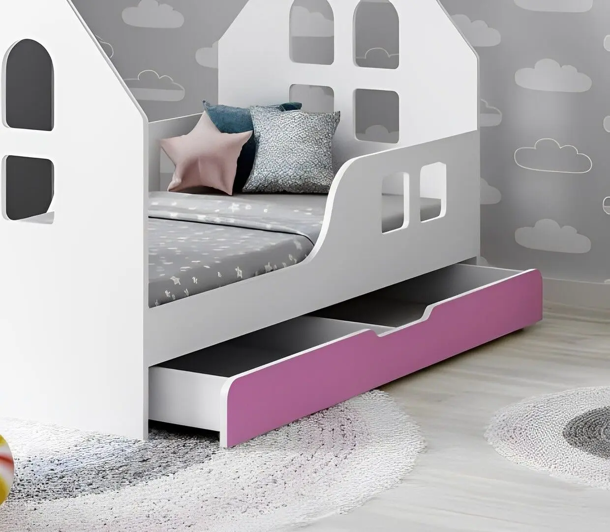 Pat casuta Happy Babies House Windows L02 cu sertar 70x140 (White/Pink)