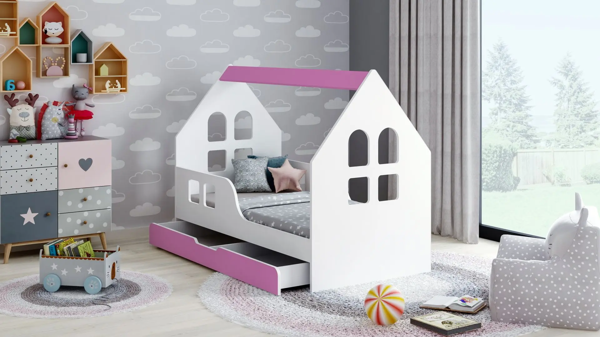 Pat casuta Happy Babies House Windows L02 cu sertar 70x140 (White/Pink)