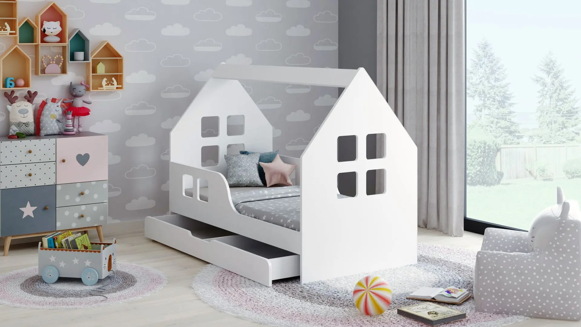 Pat casuta Happy Babies House Windows L02 cu sertar 70x140 (White)